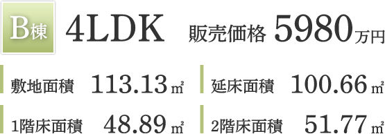 B棟　4LDK／販売価格：5980万円／敷地面積：113.13㎡／延床面積：100.66㎡／1階床面積：48.89㎡／2階床面積：51.77㎡